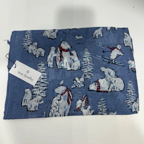 Vera Bradley-BEARY COOL BLUE-Soft Fringe Scarf Polar Bears soft shawl/cover  NEW - Picture 5 of 9